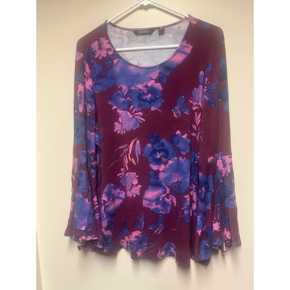 Iman Wonens Top Floral Burgundy Size 1x  Flowy Arms